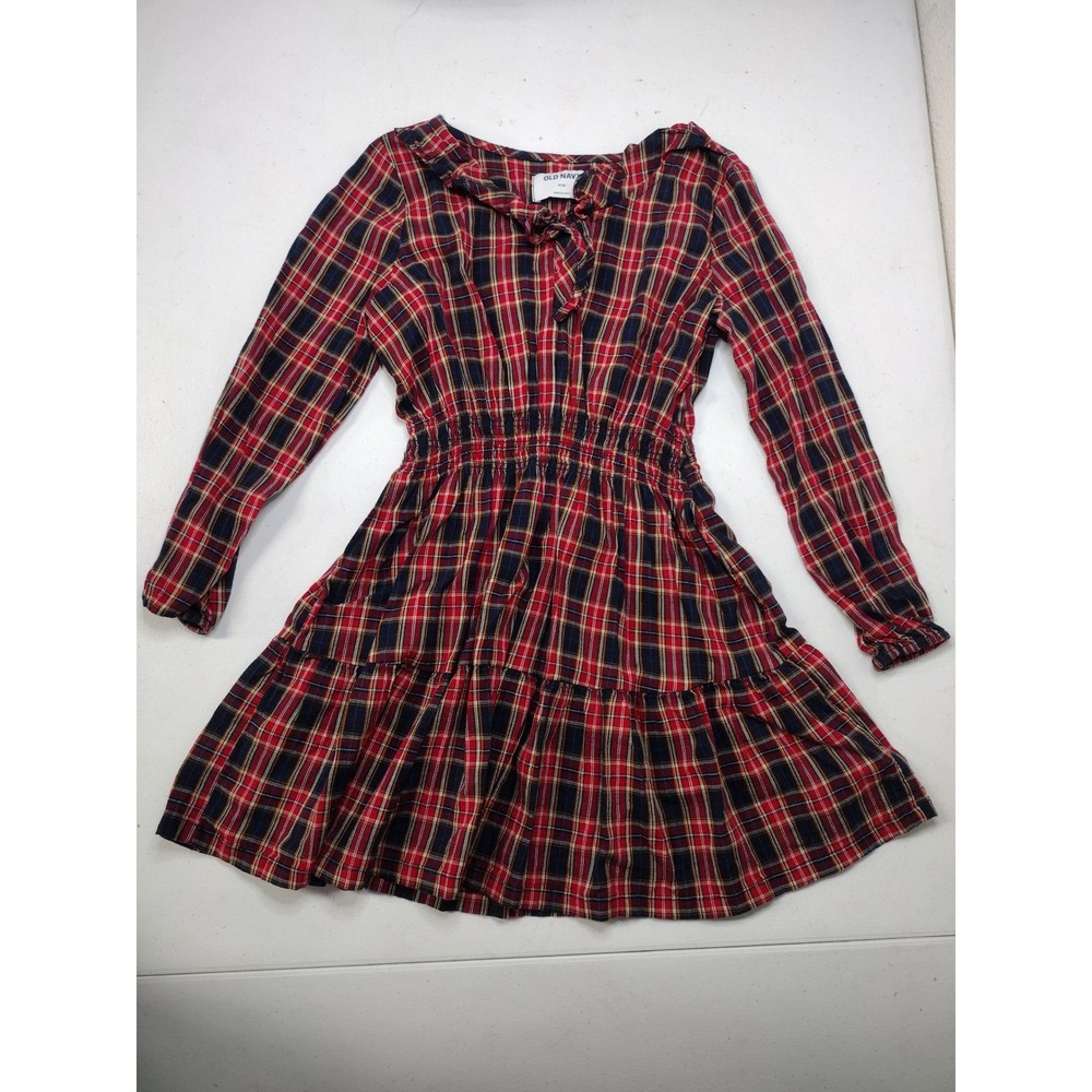 Old Navy Girls Red Plaid Smocked Tiered Long Sleeve Dress Size M 8 Holiday‎